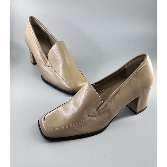 Ann Kristal Size 7.5M Leather Square Toe Nude Tan Block Heel Shoes - Picture 1 of 9